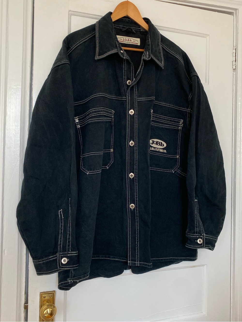 Vtg Y2K JOBb Clothing Co Black Denim Utility Chore Jacket 90s Raver Skater